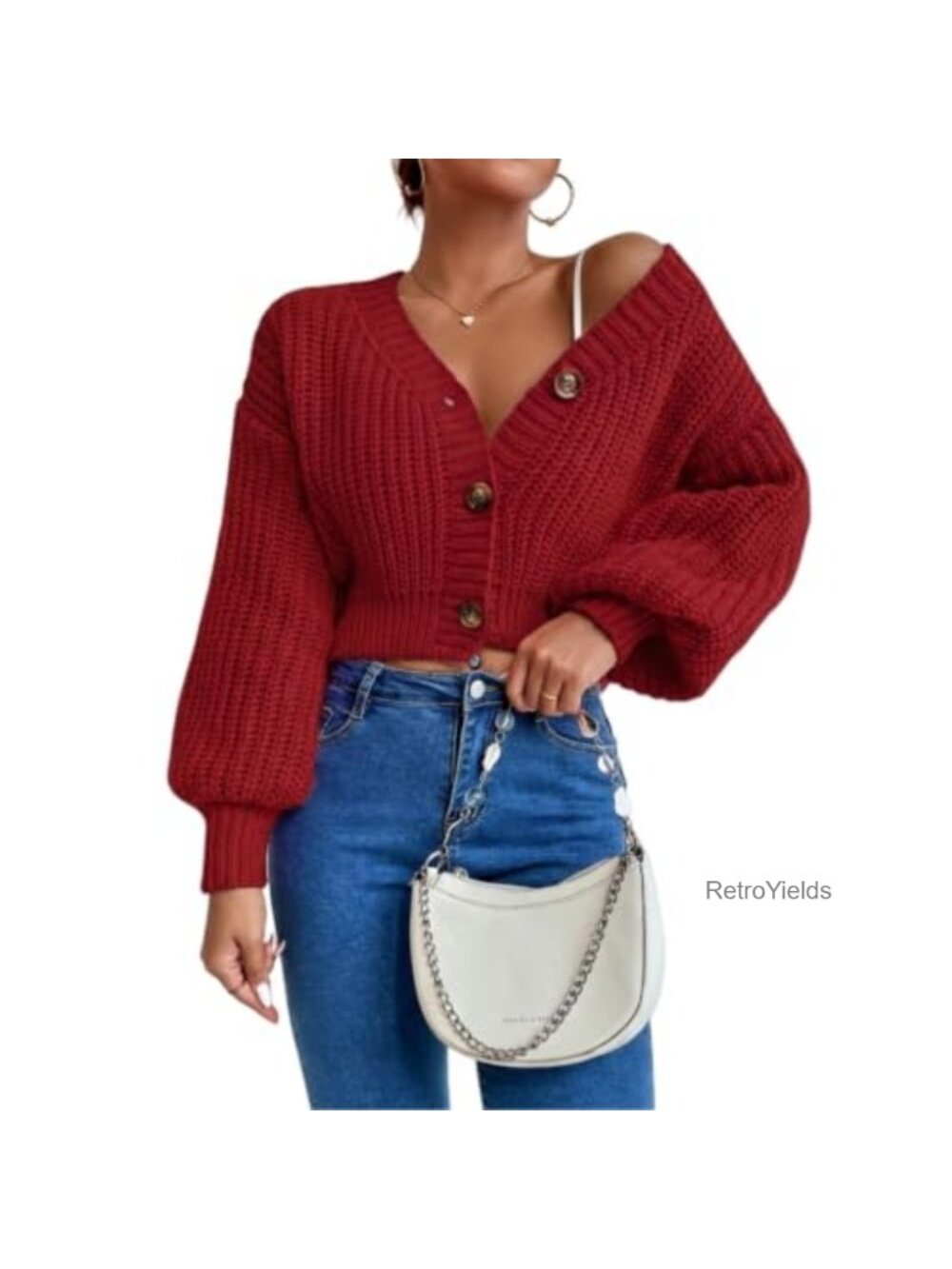 Chunky Cable Knit Crop Cardigan Button Up V-Neck Long Sleeve Sweater